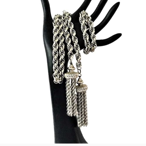 Vintage 1960s Monet Damita Necklace Lariat Rope Chain Tassel Silver Plated - Picture 1 of 11